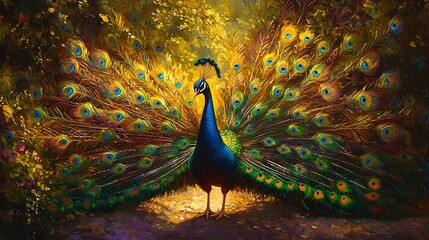 Obraz premium A stunning painting captures a majestic peacock with feathers spread out, set against a lush forest backdrop