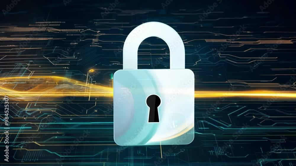 Poster a metallic padlock stands prominently against a dynamic digital backdrop, symbolizing the importance