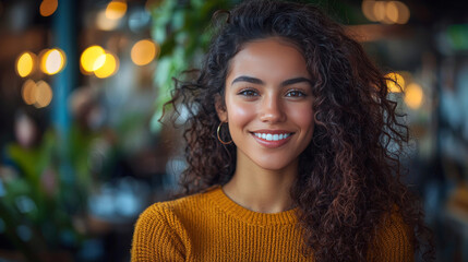 Obraz premium Smiling woman with curly hair in a cafe