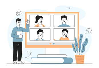 People at online meeting. Men and women discuss common project online. Collaboration and cooperation on internet. Video call and conference in social networks. Linear vector illustration