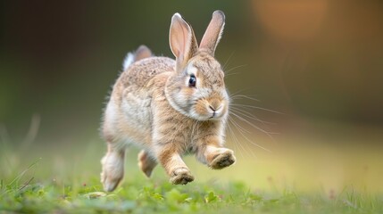 A brown rabbit hops through a field of green grass.