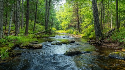 Obraz premium Tranquil Forest Streams, serene water features meandering through lush greenery, enhancing the peaceful atmosphere of summer hikes in the heart of nature's beauty