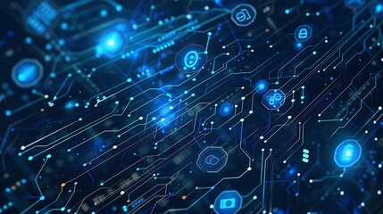Abstract blue background with circuit board and icons