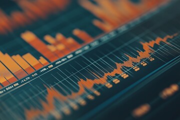 Data visualization of financial trends showcasing vibrant orange and blue charts with fluctuating stock prices during market analysis
