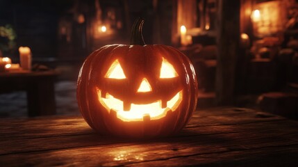 A beautifully carved Halloween pumpkin sits on a rustic wooden table