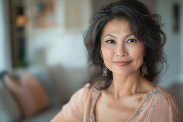 Photo of a beautiful 50-year-old Asian woman in a light sweater on the right. The woman is in the living room. Advertising banner.