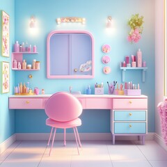 A stylish pink and blue vanity adorned with beauty products and art supplies, perfect for inspiring creativity and organization.