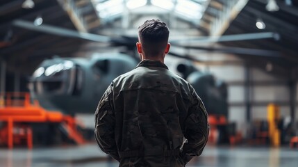 Military Helicopter Pilot in Hangar