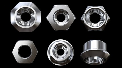 Group of Silver Metal Nuts Isolated on black Background. Neural network ai generated art
