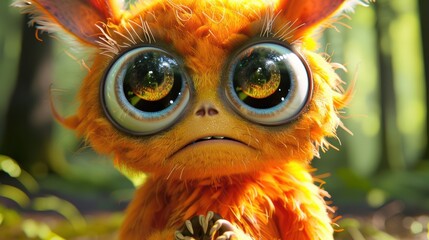 Hyper-realistic 3D cute monster with large expressive eyes and fluffy fur or scales, posed playfully against an enchanted forest backdrop.