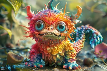 Naklejka premium vividly colorful 3D monster, expressive eyes and intricate textures, stands out in a lush, natural setting, perfect for children's media and fantasy-themed projects.