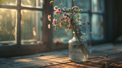   A vase brimming with numerous flowers perched atop a wooden table adjacent to two window panes