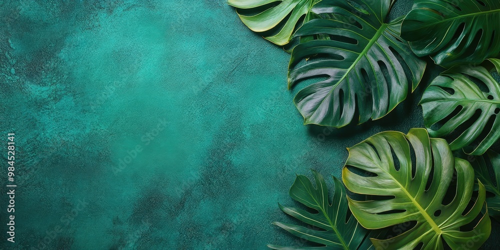 Poster Lush Green Tropical Leaves on Teal Background