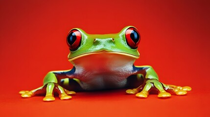 Green Tree Frog on Red Background, Photo Realistic, Texture, Pattern Background, Wallpaper, Cover and Screen for Smartphone, PC, Laptop, 9:16 and 16:9 Format