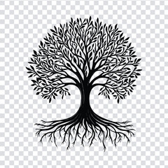 A dynamic vector tree silhouette with visible roots and abstract birds