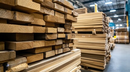 Obraz premium Stacked Wood Lumber in Warehouse