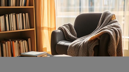A cozy armchair with a throw blanket sits by a window with a stack of books on a coffee table.