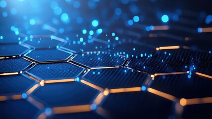 Obraz premium Abstract blue and orange hexagonal pattern with glowing light.