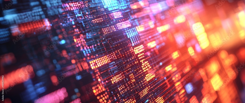 Poster lights and data patterns illuminate a futuristic digital interface.