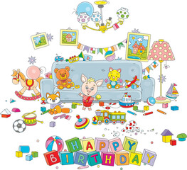 Happy birthday card with a funny little piglet among toys and things scattered in terrible disorder in his room after fun and noisy games with friends at its holiday party, vector cartoon illustration