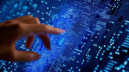 Hands engage with a futuristic digital interface displaying circuits.
