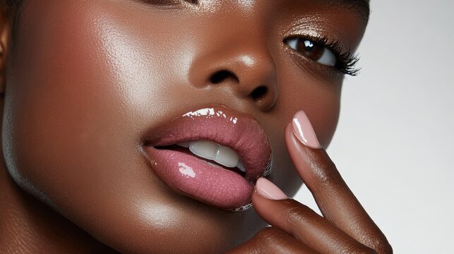 Close-up of lips showcasing soft pink lipstick and glossy finish, with a finger gently touching the lip gloss against a pure white background