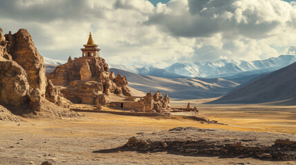 A remote Tibetan desert landscape, with dramatic rock formations and a solitary stupa standing against the vast emptiness