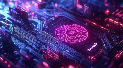 A futuristic and secure biometric interface background is created using fingerprint scanning technology with glowing lines and geometric patterns