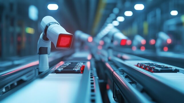 AI-driven quality control in manufacturing, showcasing advanced cameras inspecting products for defects on an efficient production line, highlighting technology integration in industry