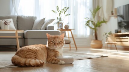 Cozy Ginger Cat Relaxing with Smart Speaker in Bright Living Room