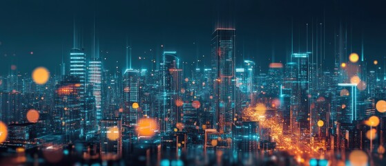 A vibrant cityscape at night illuminated by neon lights and digital effects.