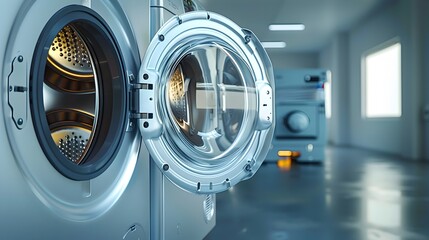 A silver washing machine with a door open 