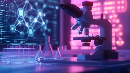 A microscope and elements of science. The microscope is in sharp focus, with a soft glow highlighting its sleek design, symbolizing precision and discovery. 