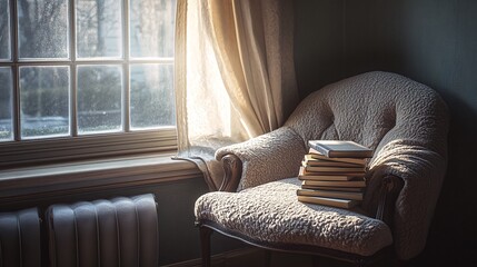 A cozy armchair with a stack of books sits by a window with sunlight streaming through.