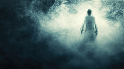 Fototapeta premium A woman in a white dress stands in a misty, foggy atmosphere