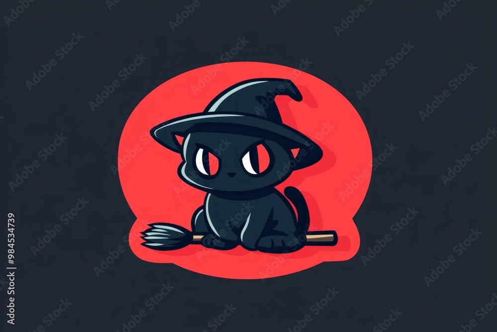 Wall mural cute black cat witch cartoon illustration