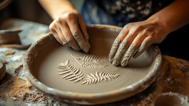 A woman sculptor working in her home studio, creating clay ceramics.Using close-up hands, imprinting a fern leaf on a ceramic plate.concept of sustainability, small business, entrepreneurship