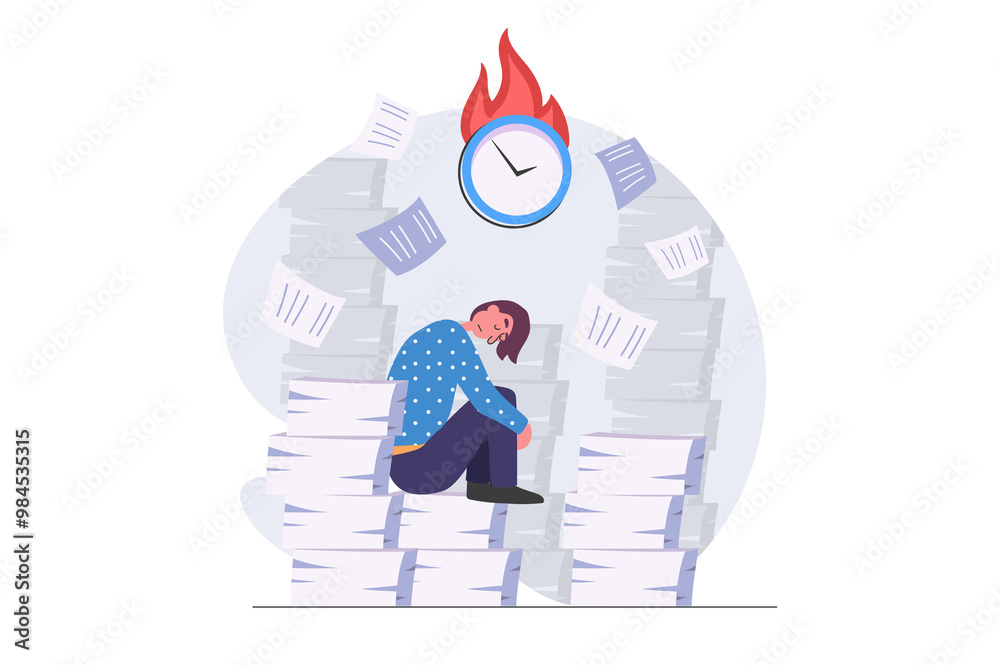 Aufkleber deadline concept in modern flat design for web. overworked employee doing paperwork and getting many