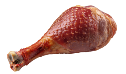 Cooked turkey leg with caramelised surface on transparent background