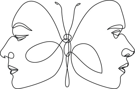 recommend clip art: Butterfly with faces as wings continuous one line drawing. Minimalist style surreal tattoo sketch vector illustration.