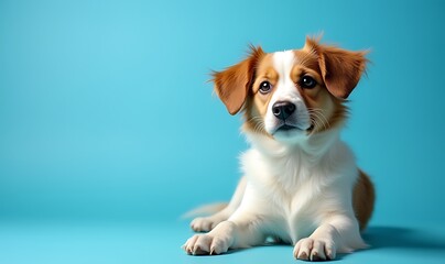 Cute puppy with expressive eyes lying down on a blue background, playful and curious expression