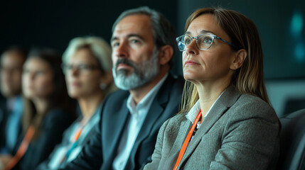 A group of business people at a conference or meeting, sitting in arow and listening to a presentation. Highlighting the focus and engagement of attendees.