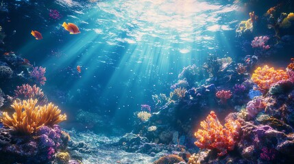 Fototapeta premium Vibrant underwater coral reef scene with colorful fish and sunlight beams through water, showcasing marine life and ocean biodiversity.