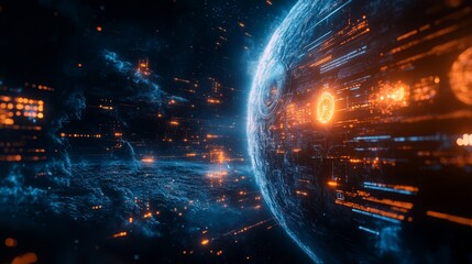 A futuristic planet immersed in advanced technology with glowing data streams illuminating the dark cosmos during an exploration event