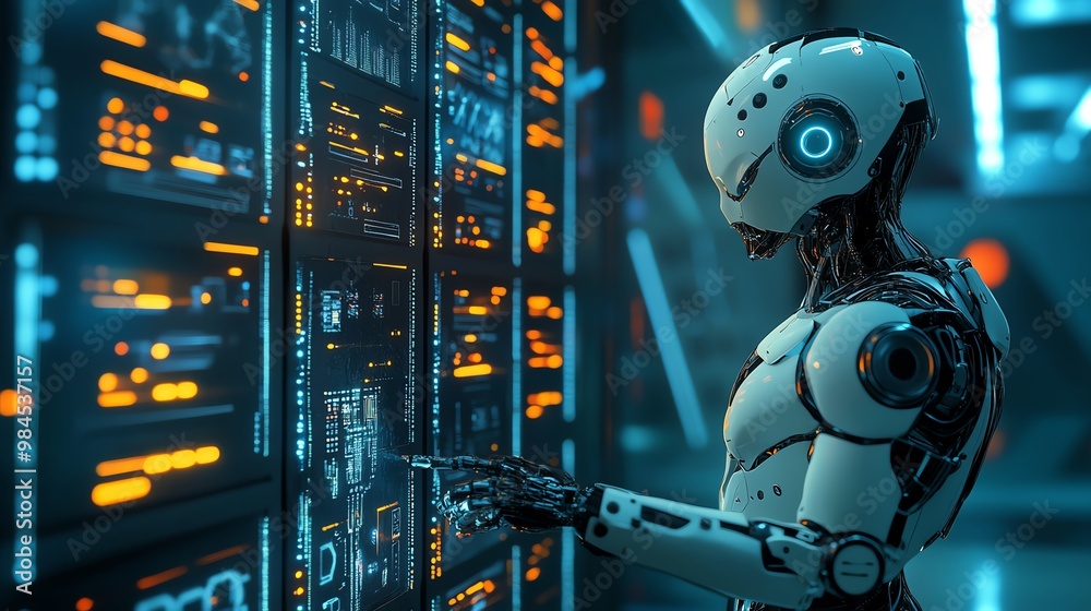 Aufkleber Futuristic robot interacting with advanced computer systems in a high-tech server room. Representing AI and technology advancements.
