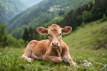 A calf grazes among the mountains. Farm cattle concept