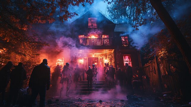 Spooky Haunted House Halloween Party with Skeletons, Fog, and Eerie Atmosphere
