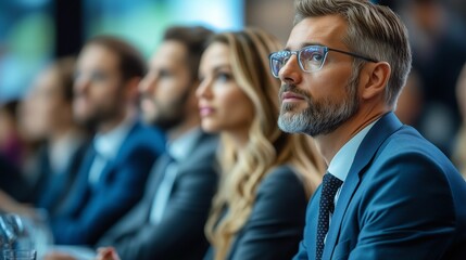 A group of business people at a conference or meeting, sitting in arow and listening to a presentation. Highlighting the focus and engagement of attendees.