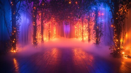 Enchanted Night Haunted Forest Halloween Party with Glowing Lights, Eerie Fog, and Spooky Tree Silhouettes