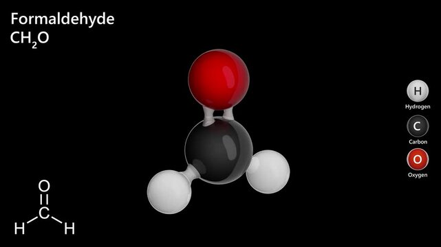 The rotating model of the molecule formaldehyde (CH2O). Formaldehyde is a colorless flammable gas. It is used in the production of jewelry, paper, plywood and urea-formaldehyde resins. seamless loop